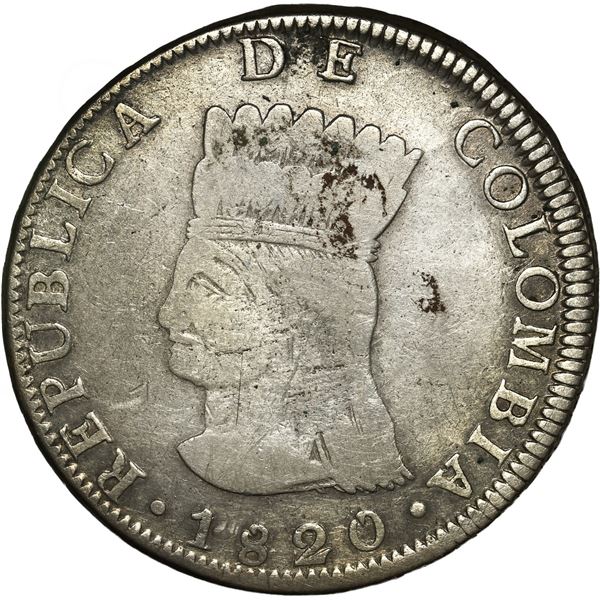 COLOMBIA, Bogotá (Cundinamarca), 8 reales, 1820 JF, mule with NUEVA GRANADA reverse, rare.