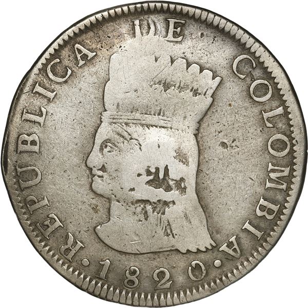 COLOMBIA, Bogotá (Cundinamarca), 8 reales, 1820 JF, with pomegranate countermark on reverse, rare.
