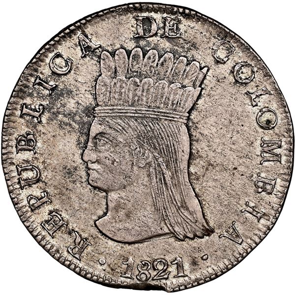 COLOMBIA, Bogotá (Cundinamarca), 8 reales, 1821 JF, dots below and to right of A of mintmark, NGC AU