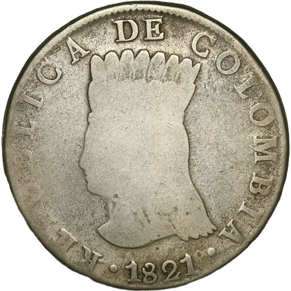 COLOMBIA, Bogotá (Cundinamarca), 8 reales, 1821 JF, dots below and to right of A of mintmark, pomegr
