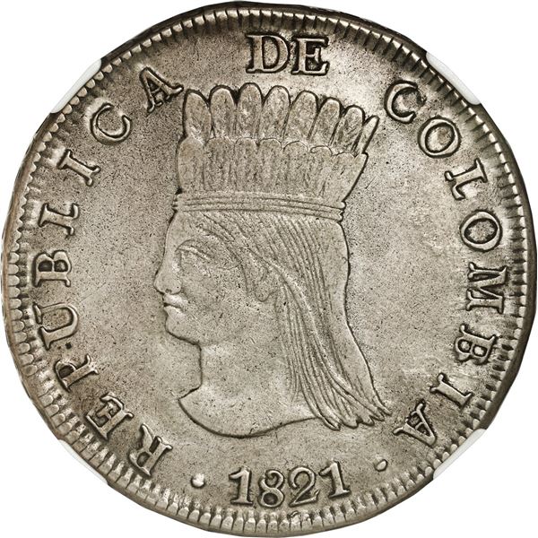 COLOMBIA, Bogotá (Cundinamarca), 8 reales, 1821 JF, no dot below A in mintmark, NGC XF 45.