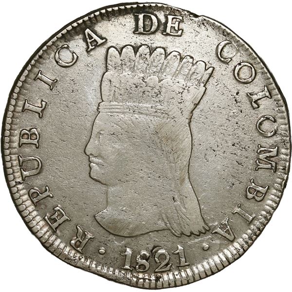 COLOMBIA, Bogotá (Cundinamarca), 8 reales, 1821 JF, very weak dot below A in mintmark, dot to right,