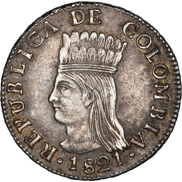 COLOMBIA, Bogotá (Cundinamarca), 2 reales, 1821 JF, no BA, hollow six-point stars on reverse, very r