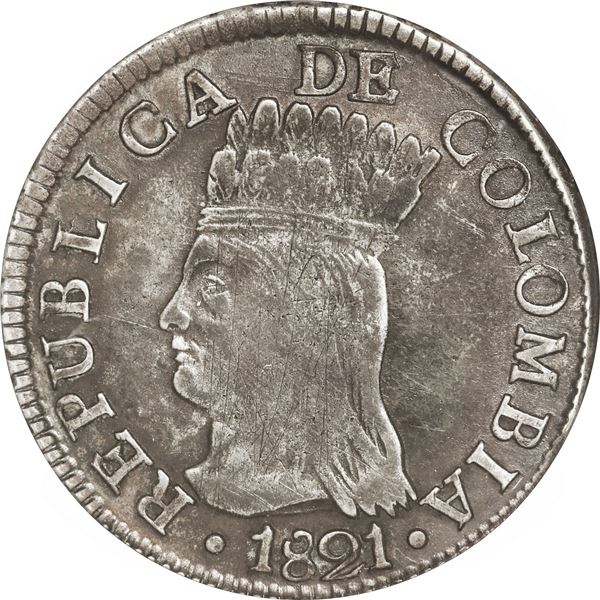 COLOMBIA, Bogotá (Cundinamarca), 2 reales, 1821 JF, mintmark BA with dots below and right of A, NGC 