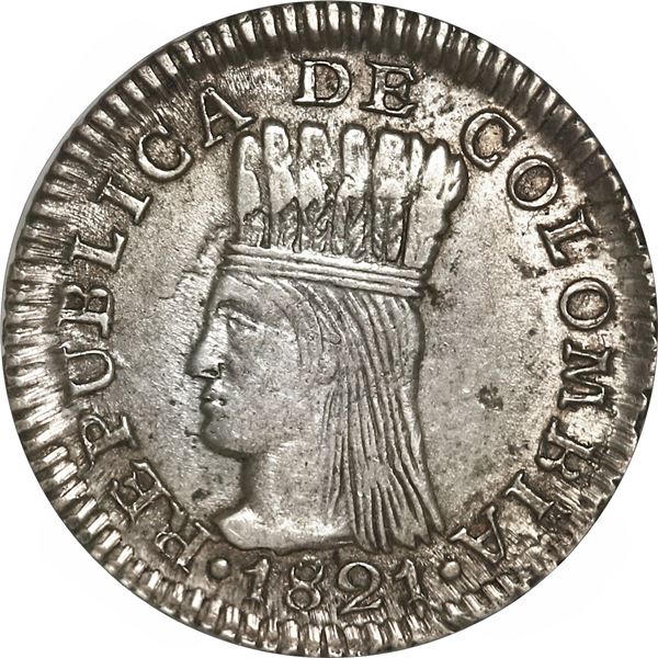 COLOMBIA, Bogotá (Cundinamarca), ½ real, 1821 JF, NGC AU 55, ex-Margolis.