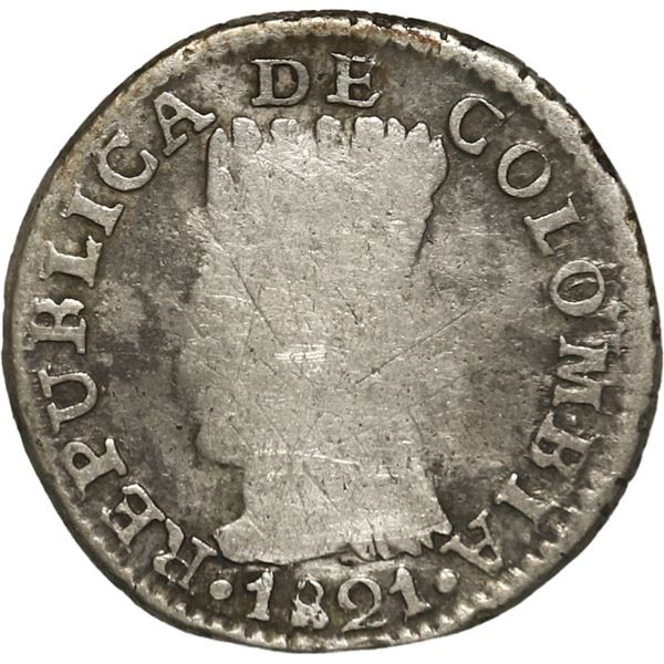 COLOMBIA, Bogotá (Cundinamarca), ½ real, 1821 JF.