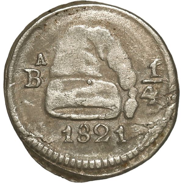 COLOMBIA, Bogotá (Cundinamarca), ¼ real, 1821, mintmark BA without dot to left, denomination 1|4 to 