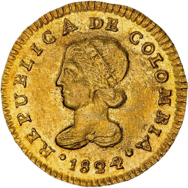 COLOMBIA, Popayán, gold 1 escudo, 1824 FM, PCGS MS62, "top pop."