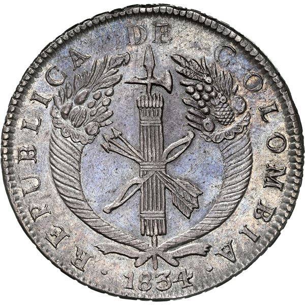 COLOMBIA, Bogotá, 8 reales, 1834 RS, NGC AU 53.