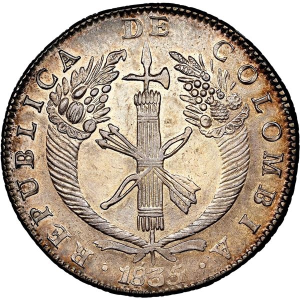 COLOMBIA, Bogotá, 8 reales, 1835/4 RS, NGC UNC details / rev repaired, ex-Toulemonde.