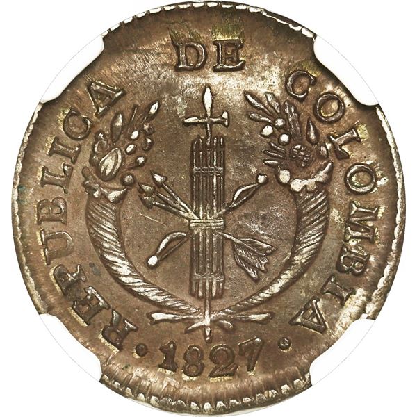 COLOMBIA, Bogotá, 1 real, 1827 RR, NGC AU details / environmental damage, ex-Eldorado.