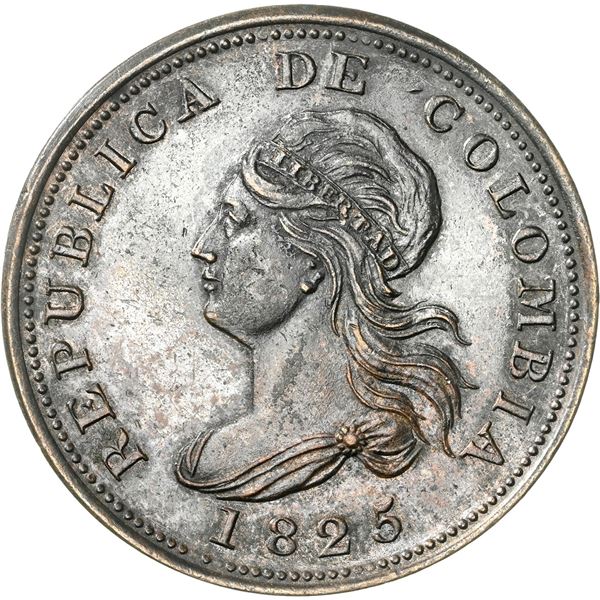 COLOMBIA, copper pattern ¼ real, 1825-dated, first pattern of Colombia, unique and unlisted, NGC UNC
