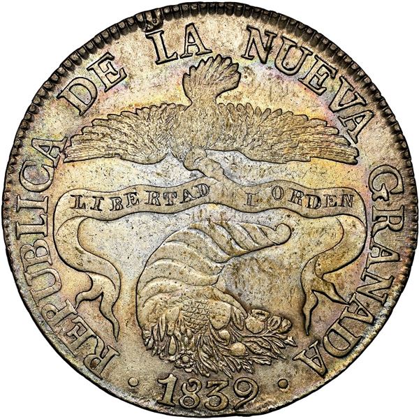 COLOMBIA, Bogotá, 8 reales, 1839 RS, NGC AU 58, ex-Millennia, ex-Toulemonde.