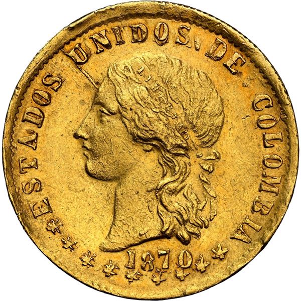 COLOMBIA, Popayán, gold 10 pesos, 1870, repunched stars, extremely rare, NGC MS 62, finest and only 