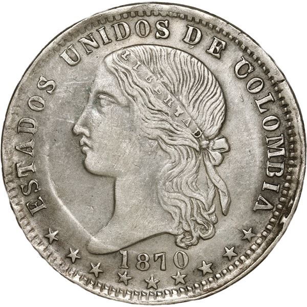 COLOMBIA, Medellín, 1 peso, 1870 with 0/9.