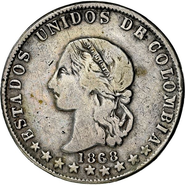 COLOMBIA, Medellín, half peso, 1868, extremely rare, NGC VF details / damaged.