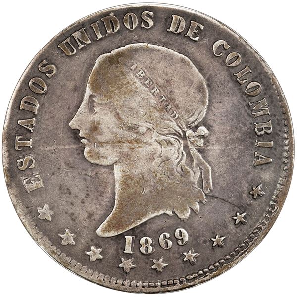 COLOMBIA, Popayán, 5 décimos, 1869, extremely rare, PCGS F details / cleaned, finest known in PCGS c