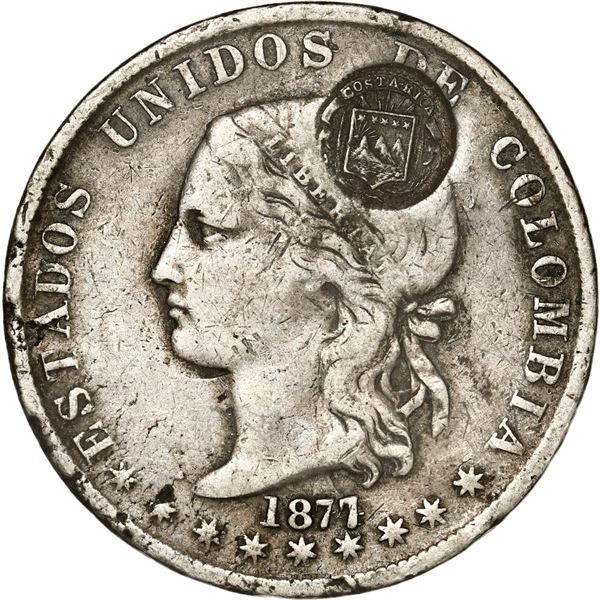 COLOMBIA, Medellín, 5 décimos, 1877/4, Wyon bust, with Costa Rica "lion" double countermark (Type VI