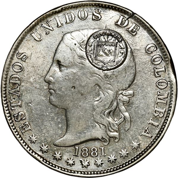 COLOMBIA, Medellín, 5 décimos, 1881, with Costa Rica "lion" double countermark (Type VII, 1889).