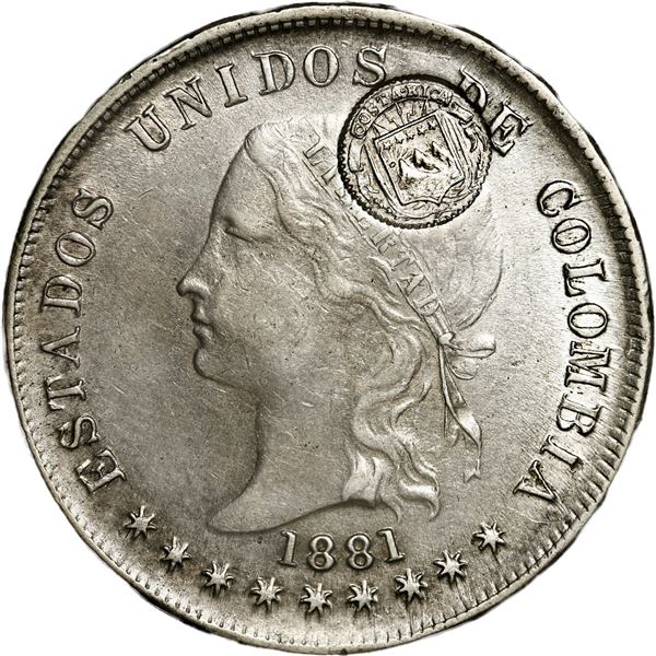 COLOMBIA, Bogotá, 50 centavos, 1881, with Costa Rica "lion" double countermark (Type VII, 1889).