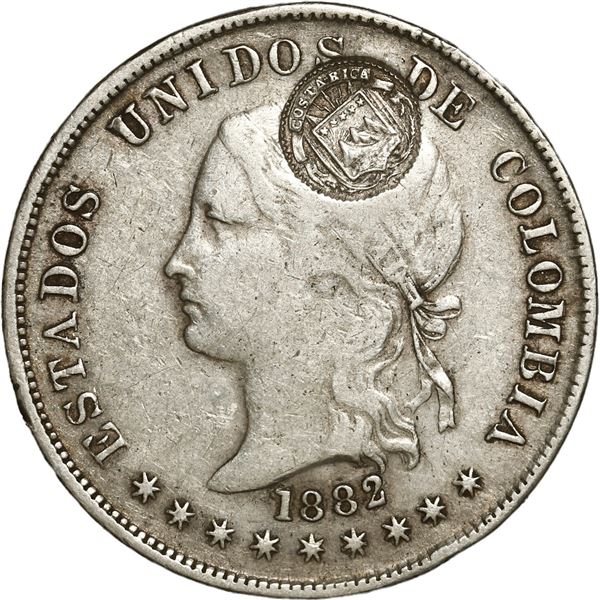 COLOMBIA, Bogotá, 50 centavos, 1882, with Costa Rica "lion" double countermark (Type VII, 1889).