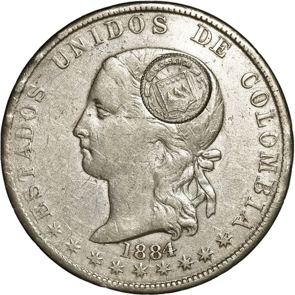 COLOMBIA, Medellín, 5 décimos, 1884, with Costa Rica "lion" double countermark (Type VII, 1889).