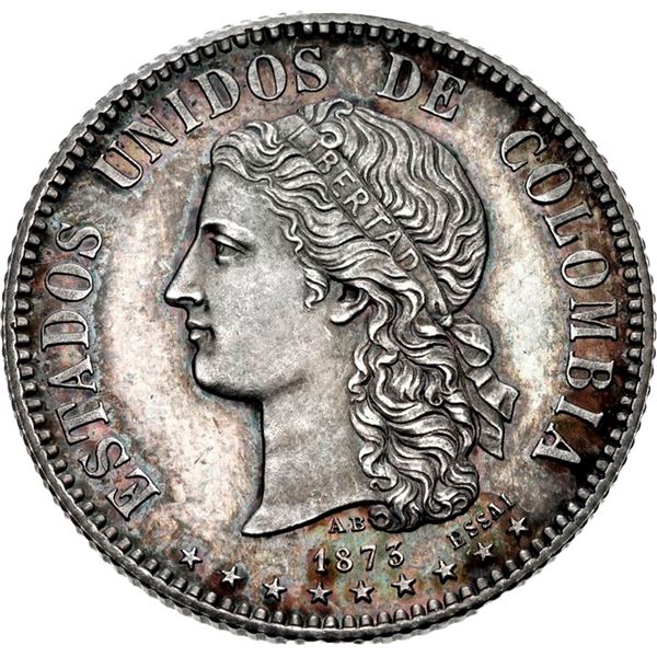 COLOMBIA, Medellín, proof essai 2 décimos, 1873, AB below bust (Albert Barré), extremely rare, NGC P
