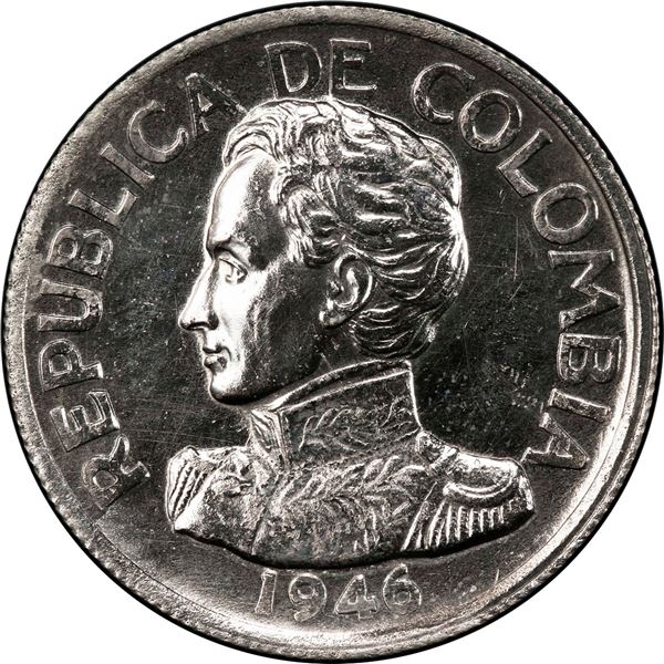 COLOMBIA, Bogotá, specimen pattern 50 centavos, 1946-B, reeded edge, rare, PCGS SP64, finest and onl