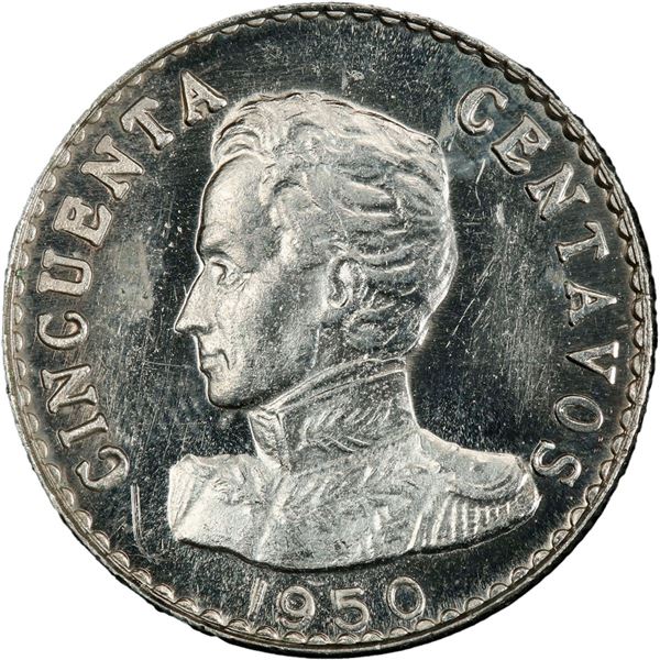 COLOMBIA, Bogotá, specimen pattern 50 centavos, 1950, mintmark B below coat of arms, reeded edge, ra