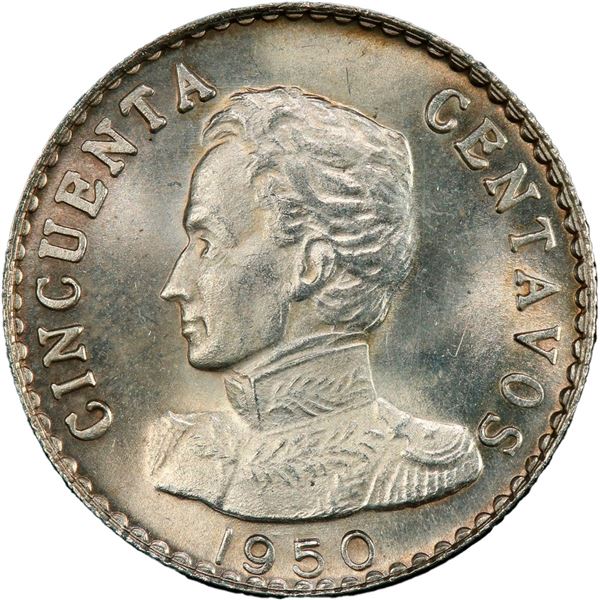 COLOMBIA, Bogotá, specimen pattern 50 centavos, 1950, mintmark B to right of center below shield, re