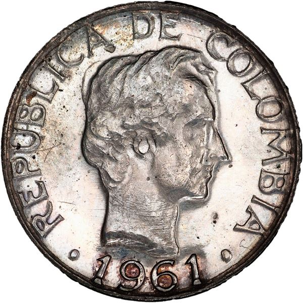 COLOMBIA, white metal specimen pattern 1 peso, 1961, reeded edge, rare, PCGS UNC details / residue, 