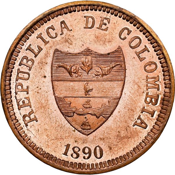 COLOMBIA, copper pattern 2 centavos, 1890-dated, Sovereign State of Cundinamarca, NGC MS 64 RB, fine