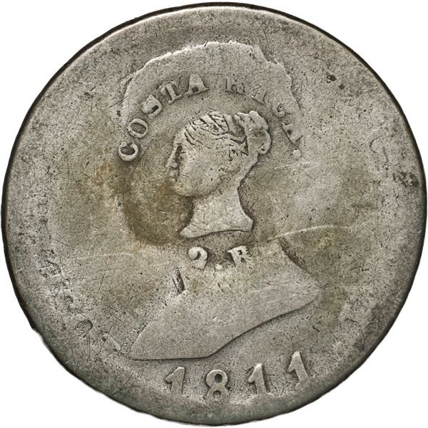 COSTA RICA, San José, 2 reales, female head / ceiba tree counterstamp (Type III, 1845) on a Madrid, 