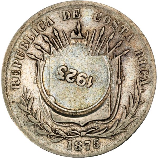 COSTA RICA, San José, 50 céntimos, 1923 counterstamp (Type VIII) on a Costa Rica 25 centavos 1875 GW