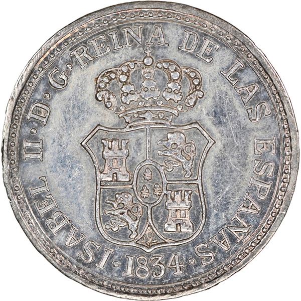 CUBA, Santiago de las Vegas, 2R-sized proclamation medal, Isabel II, 1834, lettered edge, NGC MS 61.