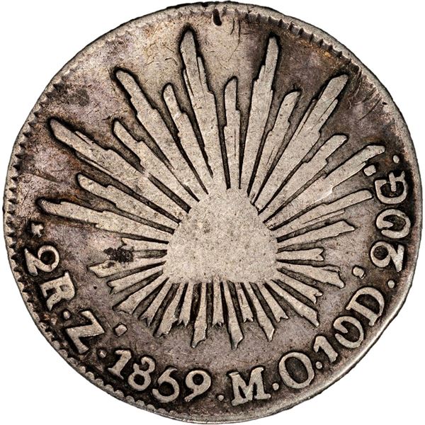 CUBA, 2 reales, short-and-thick key incuse countermark (1872-77) on a Zacatecas, Mexico, cap-and-ray