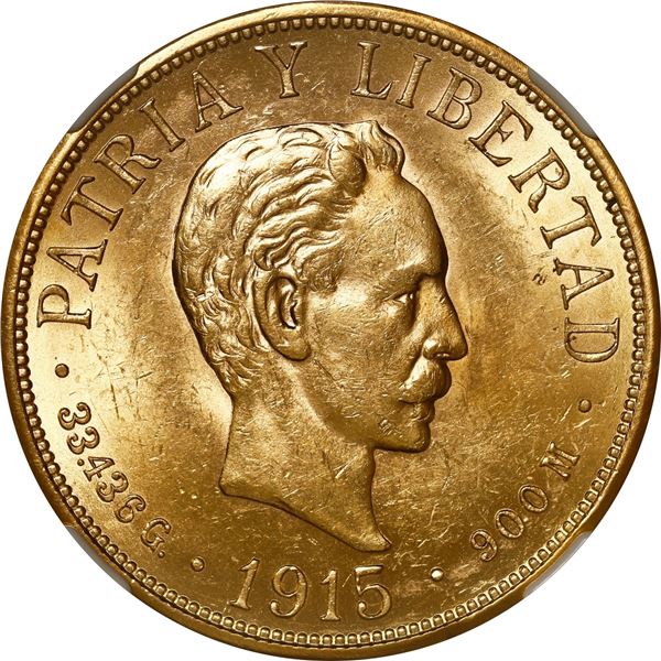 CUBA, struck at the Philadelphia mint, gold 20 pesos, 1915, José Martí, NGC AU 58.