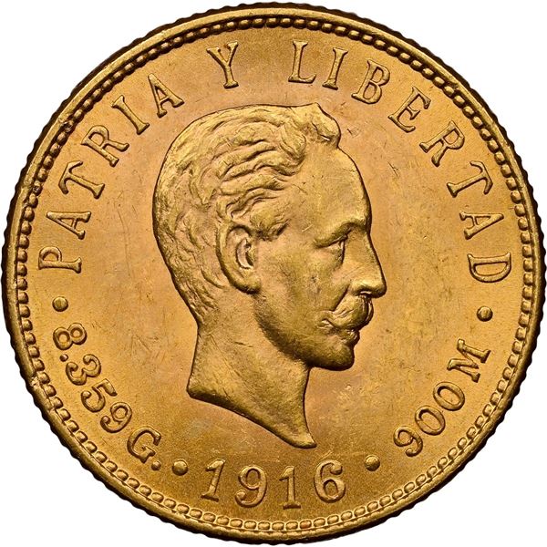 CUBA, struck at the Philadelphia mint, gold 5 pesos, 1916, José Martí, NGC MS 61.