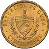 Image 2 : CUBA, struck at the Philadelphia mint, gold 5 pesos, 1916, José Martí, NGC MS 61.