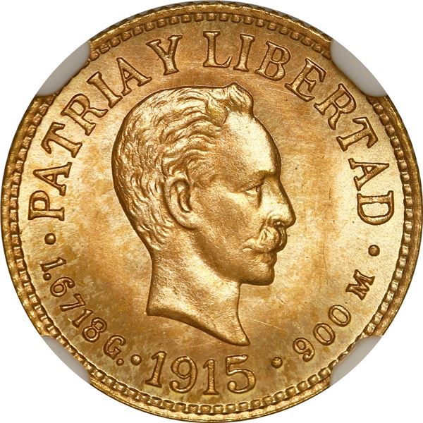CUBA, struck at the Philadelphia mint, gold 1 peso, 1915, José Martí, NGC MS 66.