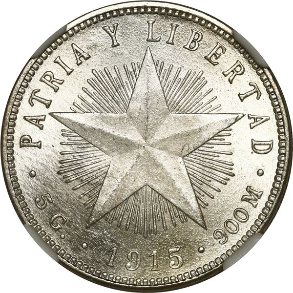CUBA, struck at the Philadelphia mint, 20 centavos, 1915, low-relief star, coarse reeding, NGC MS 65