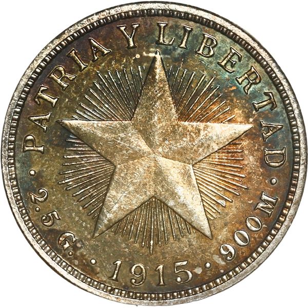 CUBA, struck at the Philadelphia mint, proof 10 centavos, 1915, very rare, NGC PF 64.