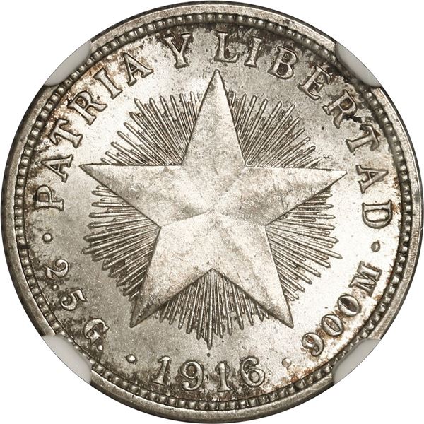 CUBA, struck at the Philadelphia mint, 10 centavos, 1916, NGC MS 64+.