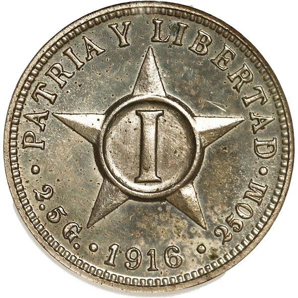 CUBA, struck at the Philadelphia mint, copper-nickel proof 1 centavo, 1916, very rare, NGC PF 63, ex
