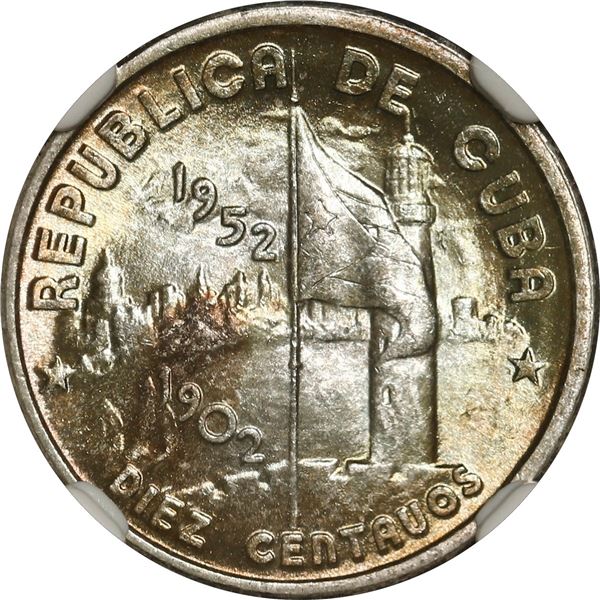 CUBA, struck at the Philadelphia mint, 10 centavos, 1952, 50th anniversary of the Republic, NGC MS 6