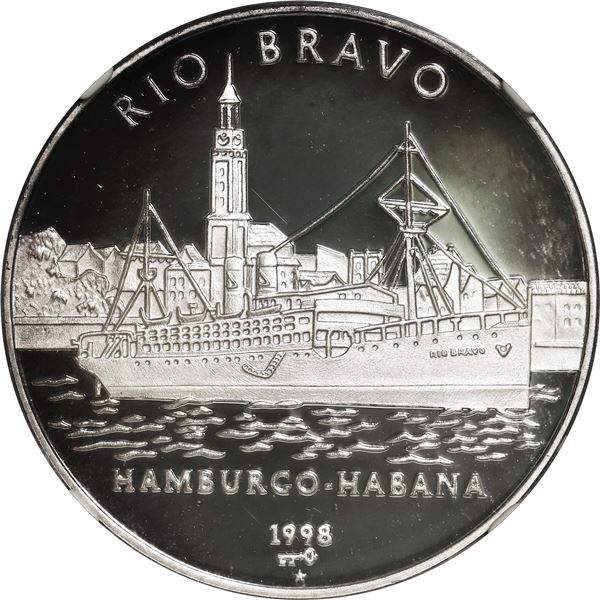 CUBA, Havana mint, proof 10 pesos, 1998, Río Bravo - Hamburg to Havana, NGC PF 69 Ultra Cameo, "top 