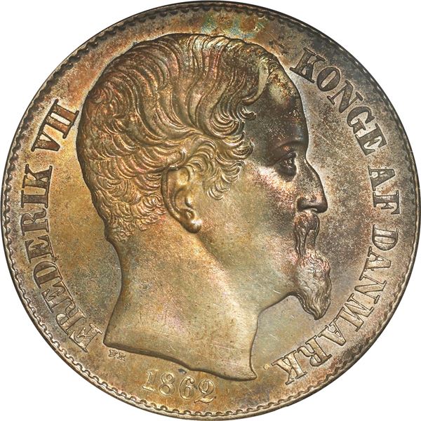 DANISH WEST INDIES, Copenhagen Mint, 20 cents, Frederik VII, 1862, NGC MS 62, ex-Rudman.