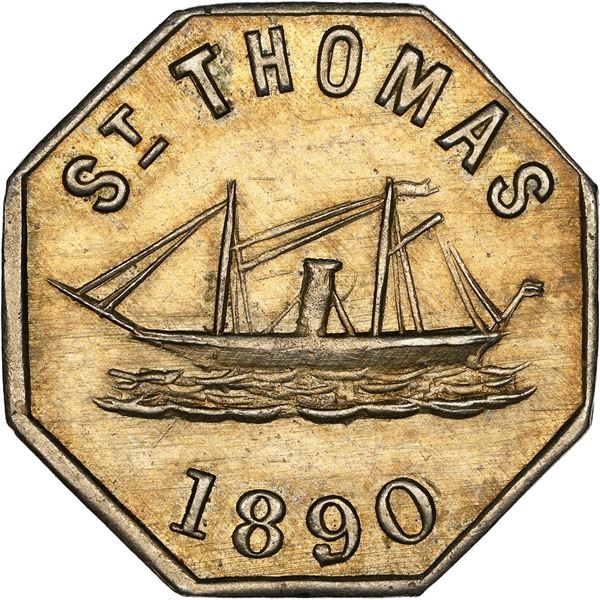 DANISH WEST INDIES, St. Thomas, copper-nickel octagonal 2 cents Mexican token, 1890, Russell Brother