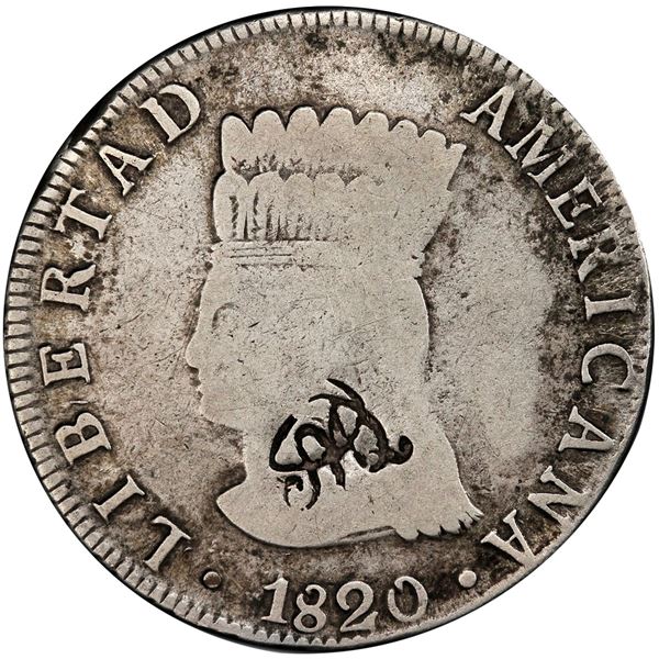 ECUADOR, Quito, 8 reales, MDQ countermark (1831) on a Bogotá, Colombia (Cundinamarca), 8 reales, 182