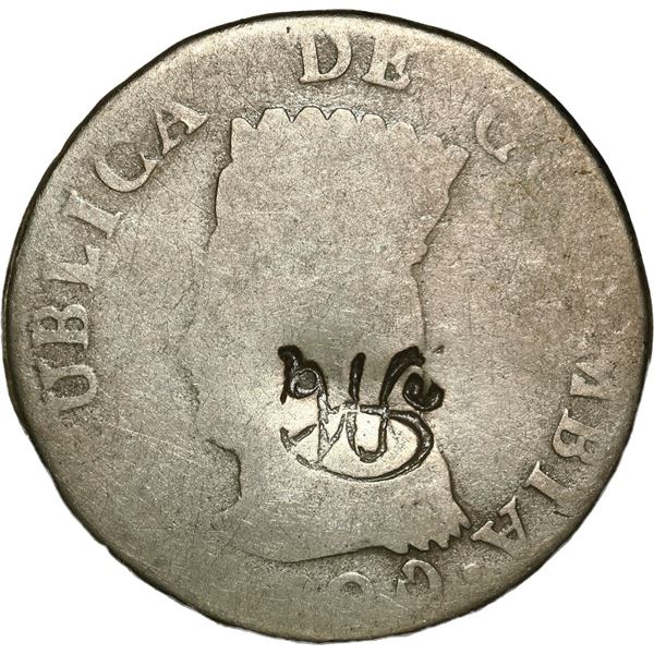 ECUADOR, Quito, 2 reales, MDQ countermark (1831) on a Bogotá (Cundinamarca), Colombia, 2 reales, 182